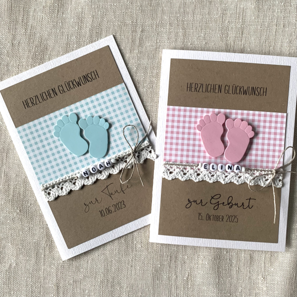 Glückwunschkarte zur Taufe Geburt vintage hellblau rosa Namensbändchen Namenskette Junge Mädchen  Kraft B6