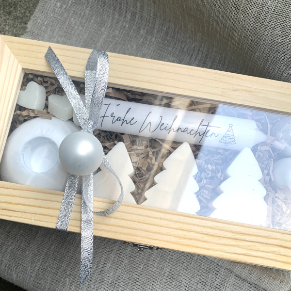 Weihnachtsgeschenk Geschenkbox Holzbox Holzkiste mit Sichtfenster Seifen Tannenbaum Kerze Frohe Weihnachten Kerzenständer Beton