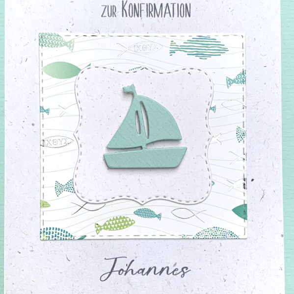 Einladungskarte Boot Schiff Fische mint silber B6 natur zur Kommunion Konfirmation Taufe Firmung