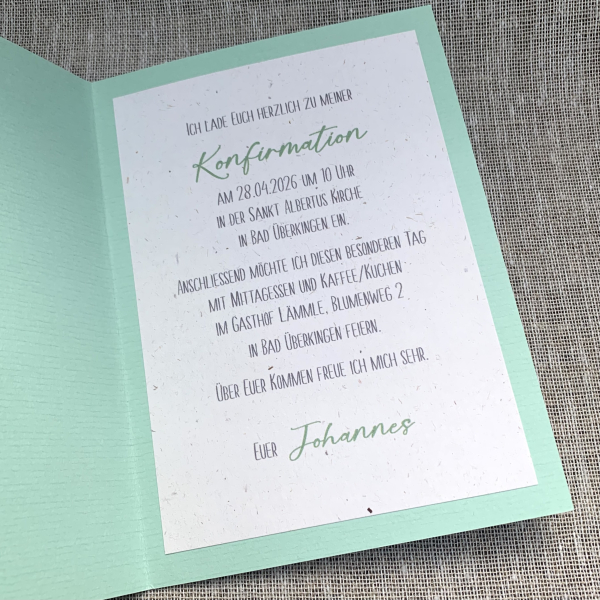 Einladungskarte Boot Schiff Fische mint silber B6 natur zur Kommunion Konfirmation Taufe Firmung