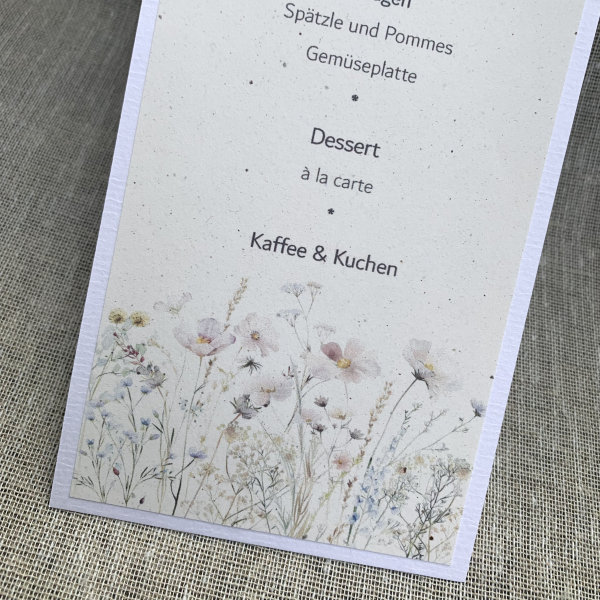 Menükarte Menü DINlang Wildblumen terra vanilla Naturpapier Blumenwiese zur Hochzeit, Taufe, Kommunion, Konfirmation beige weiß altrosa