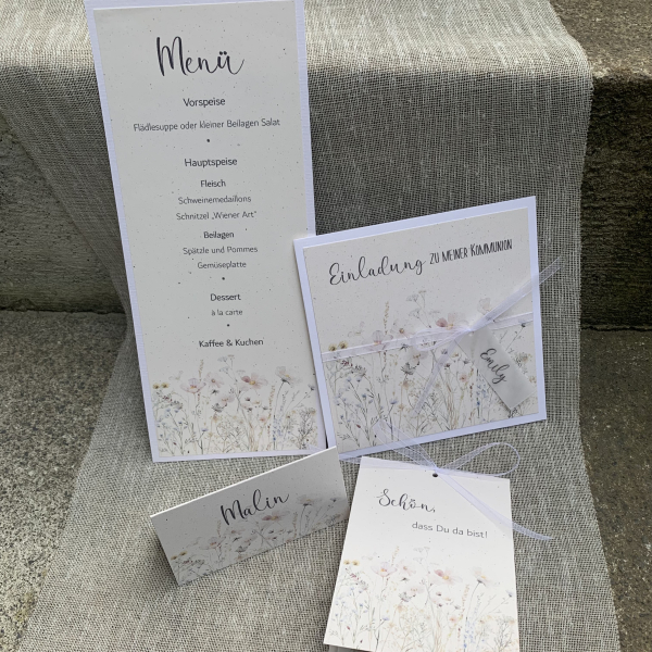 Menükarte Menü DINlang Wildblumen terra vanilla Naturpapier Blumenwiese zur Hochzeit, Taufe, Kommunion, Konfirmation beige weiß altrosa