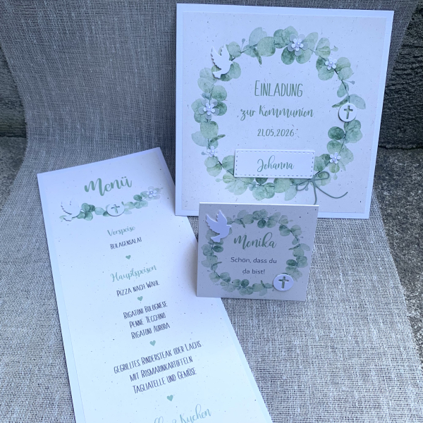 Menükarte DINlang Eukalyptus incl. Druck Taube Hostie Kommunion Konfirmation Taufe mint terra vanilla