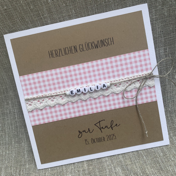 Glückwunschkarte zur Taufe Geburt vintage hellblau rosa Namensbändchen Namenskette Junge Mädchen groß
