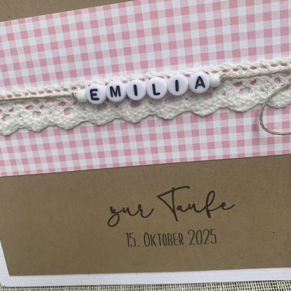 Glückwunschkarte zur Taufe Geburt vintage hellblau rosa Namensbändchen Namenskette Junge Mädchen groß