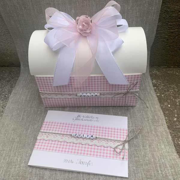 Geschenkbox + Glückwunschkarte Geldgeschenk Taufe Geburt Baby Namesbändchen rosa hellblau personalisiert