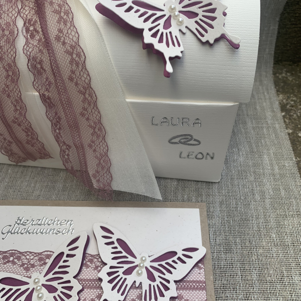 Geschenkbox + Glückwunschkarte Geldgeschenk Hochzeit vintage beere berry große Schmetterlinge Geburtstag Jugendweihe