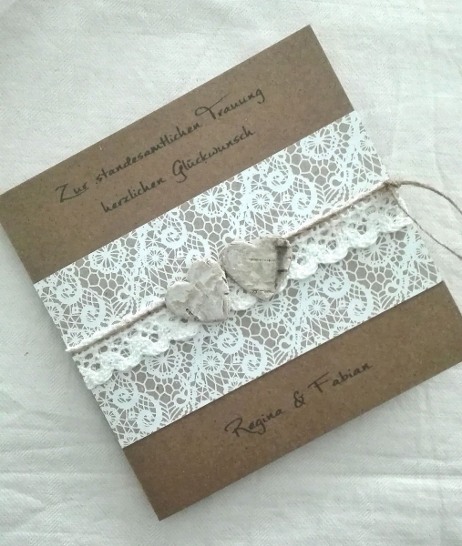 Rustikale Glückwunschkarte zur standesamtlichen Hochzeit Kraft vintage quadratisch Birkenherzen personalisiert