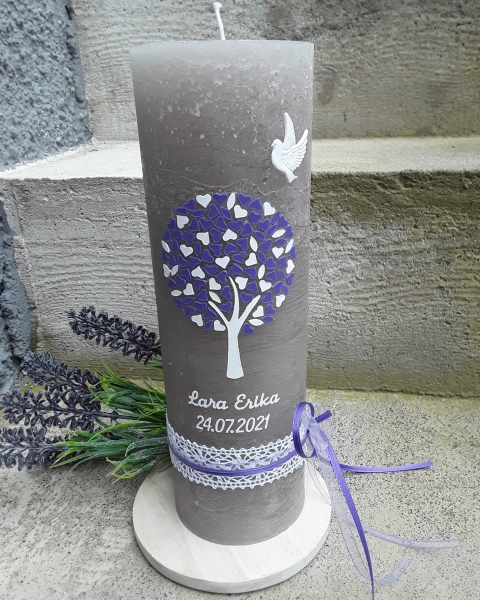 Taufkerze Kommunionkerze Konfirmation Hochzeitskerze Lebensbaum rustikal lila Taube