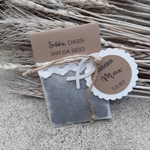 Geschenkanhänger Gastgeschenkanhänger rund incl. Druck weiß Kraft Taupe grau