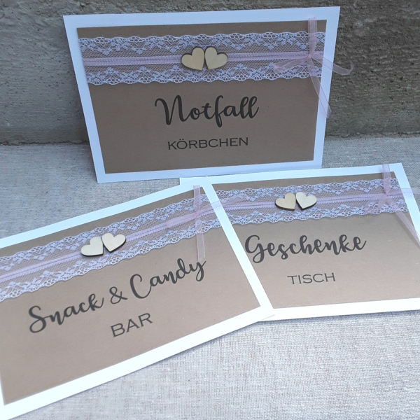Schild Karte für Geschenketisch Snackbar Candybar Notfallkörbchen Gästebuch vintage Hochzeit Spitze