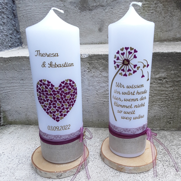 SET Hochzeitskerze Herz + Gedenkkerze Pusteblume creme berry altrosa gold silber