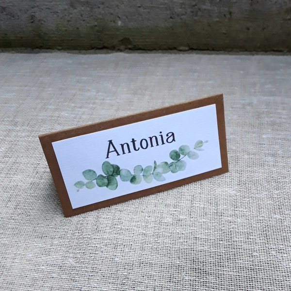 Tischkarte Tischkärtchen Namenskärtchen greenery Eukalyptus Eukalyptuszweig Hochzeit Kommunion Konfirmation Taufe mint Kraft taupe