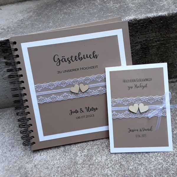 Gästebuch zur Hochzeit personalisiert vintage Kraft Spitze Holzherzen natur 23x23 cm