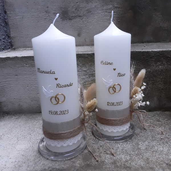 Hochzeitskerze Trockenblumen Trockenblumenstrauß Kerze Hochzeit vintage creme gold 25x8 cm Leinen personalisiert