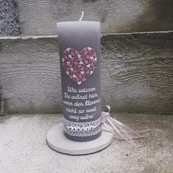 Personalisierte Gedenkkerze Trauerkerze rustic grau Hochzeit Erinnerungskerze Herzchen altrosa rosa weiss