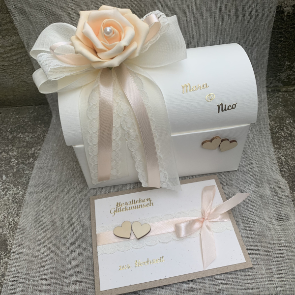 Geschenkbox + Glückwunschkarte Geldgeschenk Hochzeit vintage apricot lachs creme Holzherzen Hochzeitsgeschenk