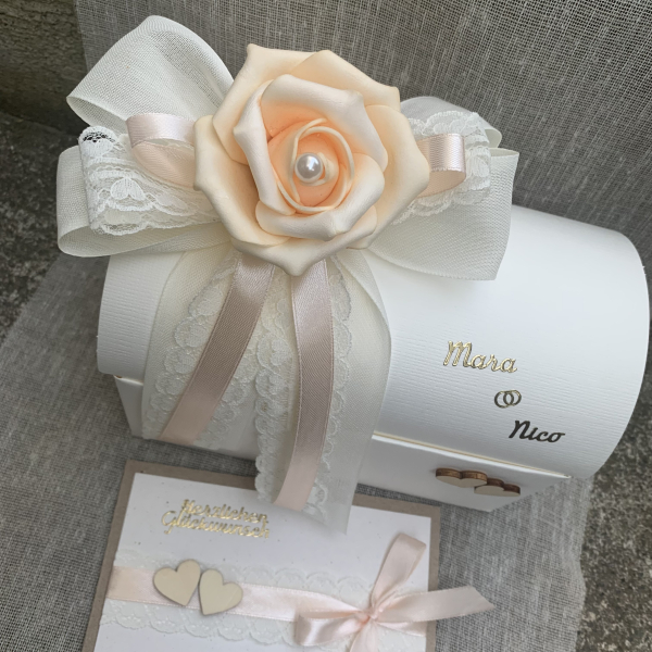 Geschenkbox + Glückwunschkarte Geldgeschenk Hochzeit vintage apricot lachs creme Holzherzen Hochzeitsgeschenk
