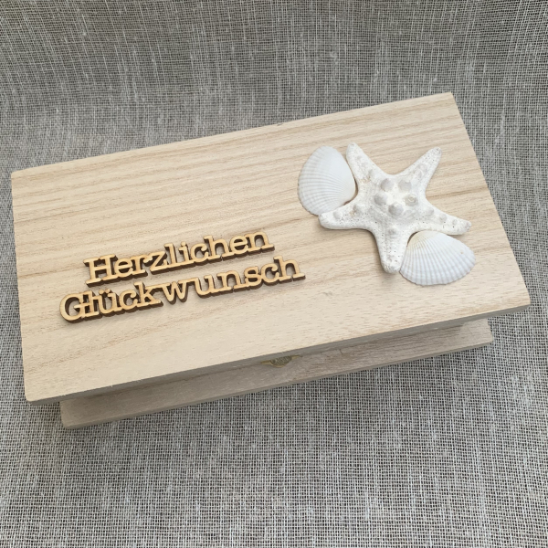 Geschenkbox aus Holz für Geldgeschenk Hochzeit Flitterwochen Urlaub Reise Reisekasse Urlaubskasse Hafen der Ehe Reisegutschein