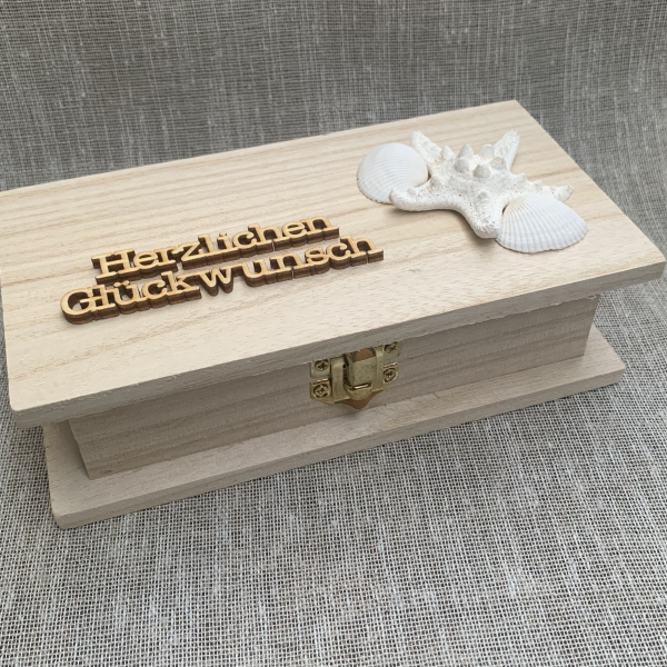 Geschenkbox aus Holz für Geldgeschenk Hochzeit Flitterwochen Urlaub Reise Reisekasse Urlaubskasse Hafen der Ehe Reisegutschein