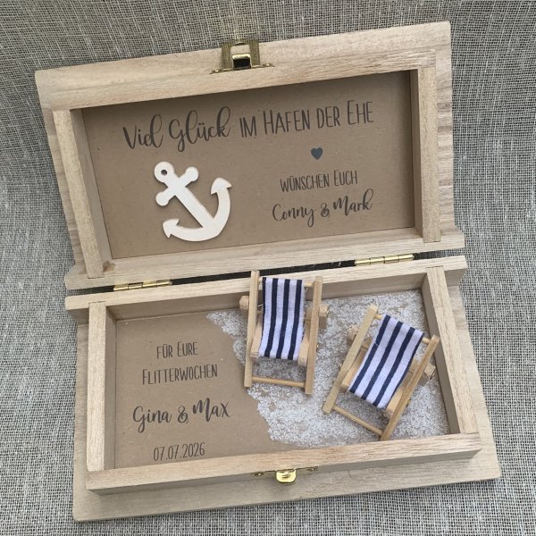 Geschenkbox aus Holz für Geldgeschenk Hochzeit Flitterwochen Urlaub Reise Reisekasse Urlaubskasse Hafen der Ehe Reisegutschein