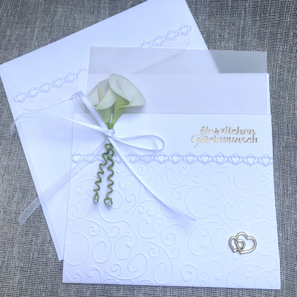 Edle Hochzeitskarte Glückwunschkarte zur Hochzeit weiß Geldkarte Geldtasche Callas gold