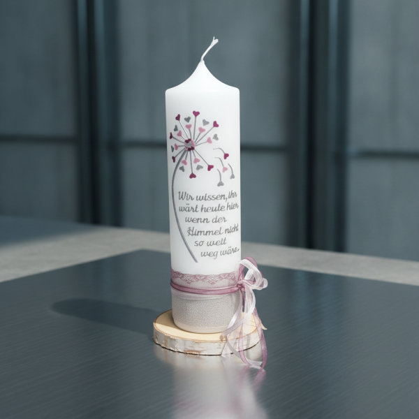 Personalisierte Gedenkkerze Erinnerungskerze zur Hochzeit  mit Pusteblume creme 25x7 cm berry altrosa Beerentöne weiß weiss Leinen