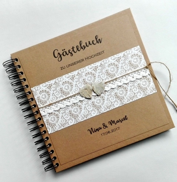 Gästebuch zur Hochzeit Kraft Spiralbuch Spitzenmotiv Birkenherzen 23x23 cm Geschenk