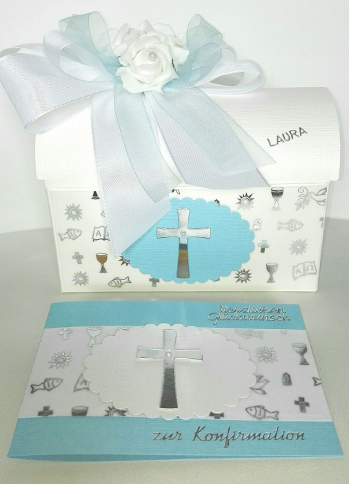 Edle Geschenkbox + Karte zur Kommunion, Konfirmation o. Taufe rosa hellblau weiß kirchliche Motive