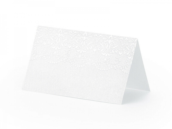 60 Tischkarten perlmutt Ornament 8x5 cm weiß Hochzeit Taufe Kommunion Konfirmation