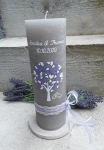 Hochzeitskerze LEBENSBAUM Herzchen taupe rustikal vintage lavendel lila flieder 25x8 cm