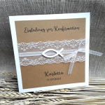 Personalisierte Einladungskarte Einladung Taufe Kommunion Konfirmation Spitze Fisch vintage Kraft Taupe