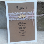 Sitzplan Tischnummer Karte Schild vintage Hochzeit Spitze Kraft Karton Holzherzen