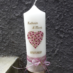 Personalisierte Hochzeitskerze creme 25x8 cm berry altrosa gold Herz Herzchen Hochzeit Beerentöne Leinen