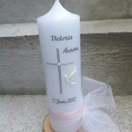 Taufkerze klassisch und schlicht Taube Tüllschleife mit Taufspruch 25x7 cm weiß silber rosa hellblau 25x6 cm