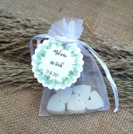 Gastgeschenk zur Hochzeit Organzabeutel Herz Miniseifen vintage weiss Eukalyptuskranz greenery
