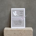 Einladung zur Taufe, Kommunion oder Konfirmation Engel taupe mit Spruch B6 Spitze