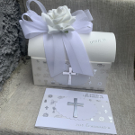 Edle Geschenkbox + Karte zur Kommunion, Konfirmation o. Taufe altrosa blau weiß flieder mint silber kirchliche Motive