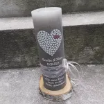 Personalisierte Hochzeitskerze mit Herz aus Herzchen weiß rosa altrosa taupe rustikal vintage Spruch 25x8 cm Teelichteinsatz grau rustikal