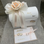 Geschenkbox + Glückwunschkarte Geldgeschenk Hochzeit vintage apricot lachs creme Holzherzen Hochzeitsgeschenk