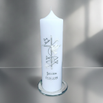 Personalisierte schlichte Taufkerze Kommunionskerze Fische Fischsymbol silber weiß weiss 25x7cm 25x6 cm